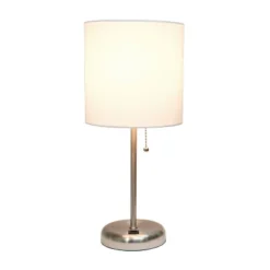 19.5" Bedside USB Port Feature Metal Table Desk Lamp Brushed Steel With White Fabric Shade - Creekwood Home