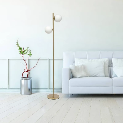 66" Tall Mid-Century Modern Tree Floor Lamp With Dual White Glass Globe Shade Gold - Simple Designs - Image 7
