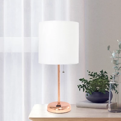 19.5" Bedside Power Outlet Base Metal Table Desk Lamp Rose Gold With White Fabric Shade - Creekwood Home - Image 7