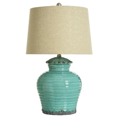 Turquoise Ceramic Table Lamp With Beige Hardback Linen Shade - StyleCraft