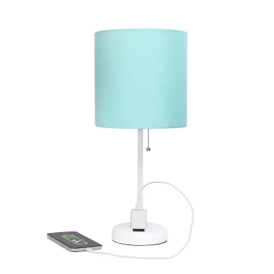 19.5" Bedside Power Outlet Base Metal Table Desk Lamp In White With Aqua Blue Fabric Shade - Creekwood Home - Image 2