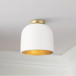 Possini Euro Design Merrick Modern Industrial Ceiling Light Flush Mount Fixture 9 1/4" Wide White Cement Gold For Bedroom Kitchen Living Room Hallway