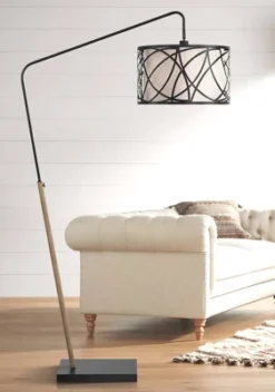 Franklin Iron Works Bramble Modern Industrial 71" Tall Arc Floor Lamp Matte Black Faux Wood Up Down Metal Cage Off-White Shade Living Room