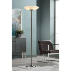 Possini Euro Design Meridian Light Blaster Modern Torchiere Floor Lamp 72" Tall Brushed Nickel LED Frosted Glass Shade For Living Room Bedroom Office