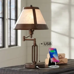 Franklin Iron Works Samuel Industrial Desk Lamp 21 1/4" High Bronze Swing Arm With USB Charging Port Natural Mica Shade For Bedroom Living Room House