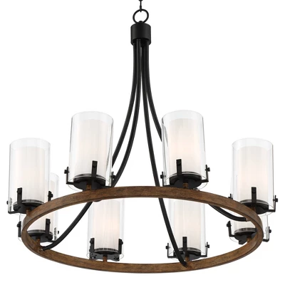 Stiffel Black Wood Wagon Wheel Chandelier 29 1/2" Wide Industrial Clear Outer Frosted Inner Glass 8-Light For Dining Room House - Image 5