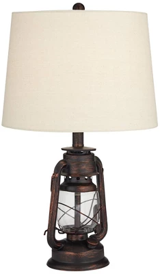 Franklin Iron Works Murphy Rustic Industrial Accent Table Lamp Miner Lantern 23" High Red Bronze Oatmeal Fabric Shade For Bedroom Living Room Office - Image 7