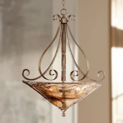 Franklin Iron Works Amber Scroll Golden Bronze Pendant Chandelier 24 3/4" Wide Rustic Art Glass Bowl 3-Light Fixture For Dining Room Kitchen Island