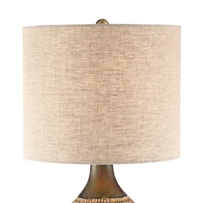 360 Lighting Emma Modern Mid Century Accent Table Lamp 21" High Wood Brown Ceramic Oatmeal Drum Shade For Bedroom Living Room Bedside Nightstand Home - Image 3