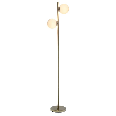 66" Tall Mid-Century Modern Tree Floor Lamp With Dual White Glass Globe Shade Gold - Simple Designs