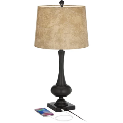 Franklin Iron Works Ross Rustic Farmhouse Table Lamps 27" Tall Set Of 2 Bronze With USB Charging Port Faux Leather Drum Shade For Living Room Desk - Image 2