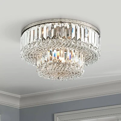 Vienna Full Spectrum Magnificence Modern Ceiling Light Flush Mount Fixture 16" Wide Brushed Satin Nickel Faceted Crystal Glass For Bedroom Living Room