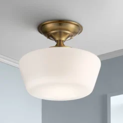 Regency Hill Rustic Farmhouse Ceiling Light Semi Flush Mount Fixture 12" Wide Soft Gold Opal White Glass For Bedroom Kitchen Living Room Hallway House