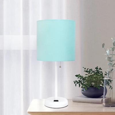 19.5" Bedside Power Outlet Base Metal Table Desk Lamp In White With Aqua Blue Fabric Shade - Creekwood Home - Image 6