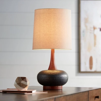 360 Lighting Andi Modern Mid Century Table Lamp 24 1/2" High Hammered Brown Ceramic Red Oak Wood Off White Shade For Bedroom Living Room Bedside Desk