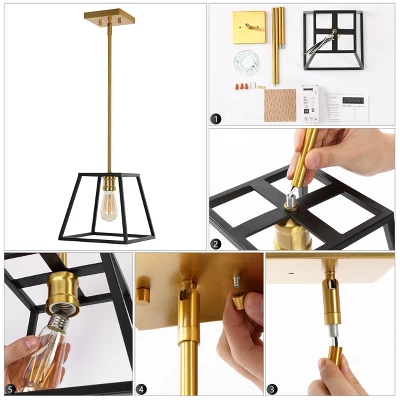 9.25" 1-Light Girard Farmhouse Industrial Iron LED Pendant Black/Brass Gold - JONATHAN Y - Image 9