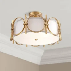 Barnes And Ivy Francis Mid Century Modern Ceiling Light Semi Flush Mount Fixture 18 1/4" Wide Gold 3-Light White Fabric Drum Shade For Bedroom Kitchen