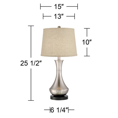 360 Lighting Simon Modern Table Lamps 25 1/2" High Set Of 2 Brushed Nickel With USB Charging Port Burlap Fabric Drum Shade For Bedroom Bedside Desk - Image 4