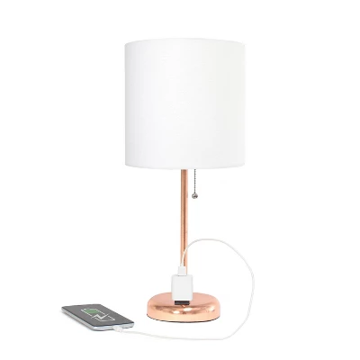 19.5" Bedside Power Outlet Base Metal Table Desk Lamp Rose Gold With White Fabric Shade - Creekwood Home - Image 2