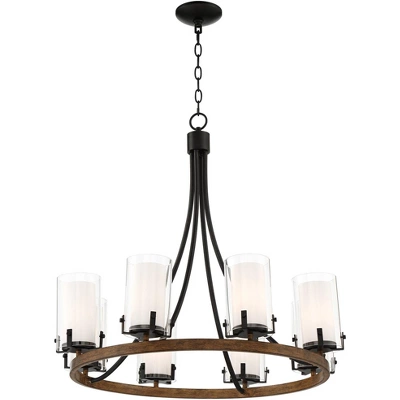 Stiffel Black Wood Wagon Wheel Chandelier 29 1/2" Wide Industrial Clear Outer Frosted Inner Glass 8-Light For Dining Room House - Image 7