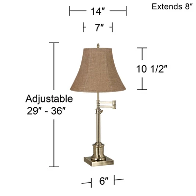 360 Lighting Traditional Swing Arm Desk Table Lamp Adjustable Height 36" Tall Antique Brass Natural Burlap Bell Shade Living Room Bedroom - Image 2