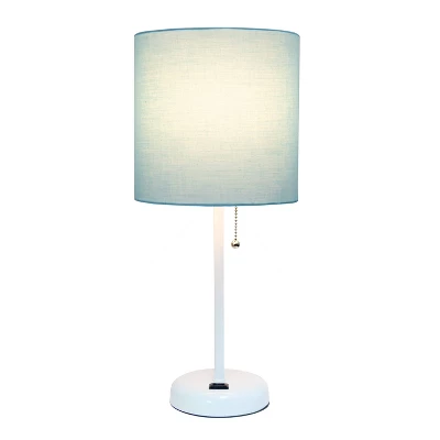 19.5" Bedside Power Outlet Base Metal Table Desk Lamp In White With Aqua Blue Fabric Shade - Creekwood Home