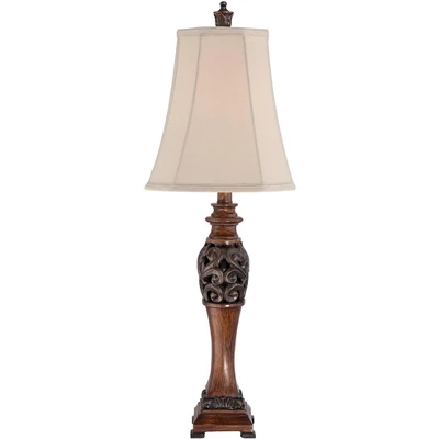 Regency Hill Exeter Traditional Table Lamps 30" Tall Set Of 2 Bronze Wood Carved Leaf Cream Rectangular Bell Shade For Bedroom Living Room Bedside - Image 6