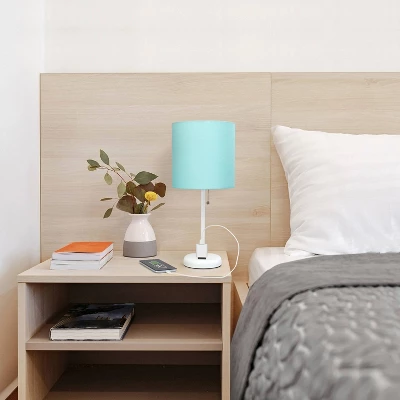 19.5" Bedside Power Outlet Base Metal Table Desk Lamp In White With Aqua Blue Fabric Shade - Creekwood Home - Image 7