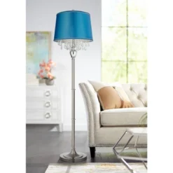 360 Lighting Modern Floor Lamp 62.5" Tall Satin Steel Chrome Crystal Strands Turquoise Satin Drum Shade For Living Room Reading Bedroom