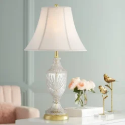 Regency Hill Traditional Table Lamp 26.5" High Cut Glass Urn Brass White Cream Bell Shade For Living Room Family Bedroom Bedside Nightstand