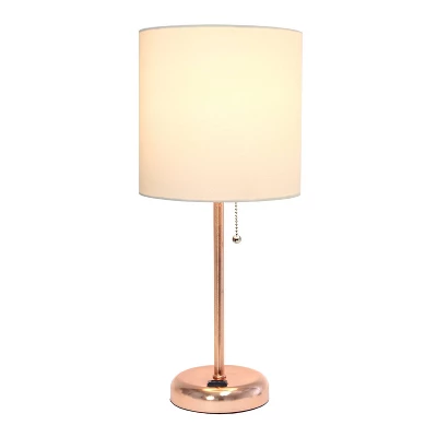 19.5" Bedside Power Outlet Base Metal Table Desk Lamp Rose Gold With White Fabric Shade - Creekwood Home