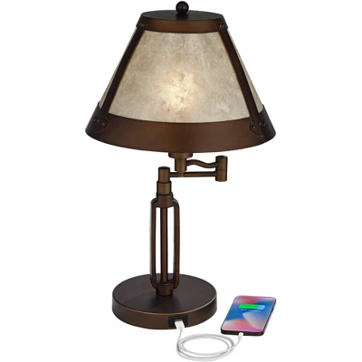 Franklin Iron Works Samuel Industrial Desk Lamp 21 1/4" High Bronze Swing Arm With USB Charging Port Natural Mica Shade For Bedroom Living Room House - Image 2