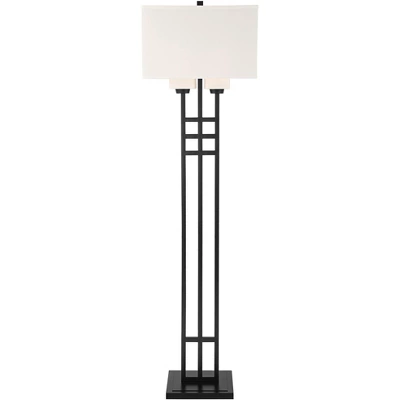 Franklin Iron Works Industrial Floor Lamp 64" Tall Matte Black 3-Light Rectangular Linen White Glass Shades For Living Room House - Image 7