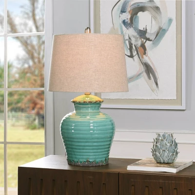 Turquoise Ceramic Table Lamp With Beige Hardback Linen Shade - StyleCraft - Image 5