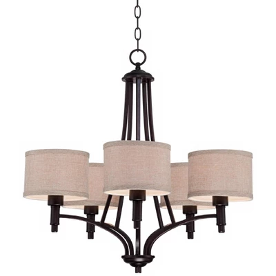 Franklin Iron Works La Pointe Oil Rubbed Bronze Pendant Chandelier 26" Wide Rustic Oatmeal Linen Shade 5-Light Fixture For Dining Room Kitchen Island - Image 4