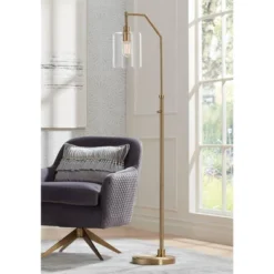 Possini Euro Design Kipling Modern 62 1/2" Tall Downbridge Arc Floor Lamp Warm Gold Metal Clear Glass Shade For Living Room Reading House
