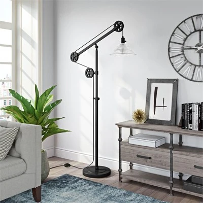 Metal And Glass Pulley Floor Lamp In Black - Henn&Hart