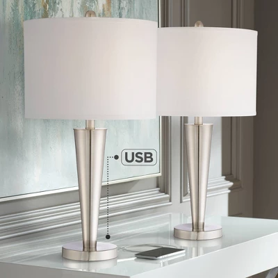 360 Lighting Geoff Modern Table Lamps 26" High Set Of 2 Brushed Nickel With USB Charging Port White Drum Shade For Bedroom Living Room Bedside Desk
