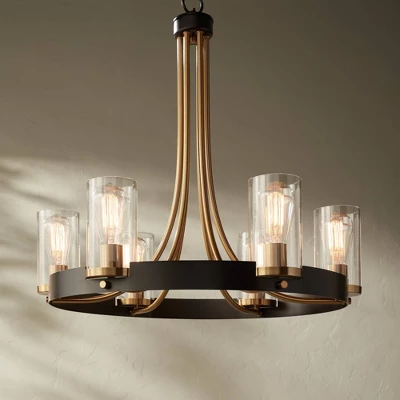 Stiffel Ferrers Dark Bronze Gold Chandelier 26" Wide Clear Glass Shade 6-Light Fixture For Dining Room House Foyer Kitchen Island Entryway Bedroom