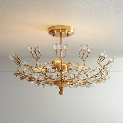 Vienna Full Spectrum Brielle Modern Ceiling Light Semi Flush Mount Fixture 18 1/2" Wide Brass Vine Leaf 4-Light Clear Crystal Glass For Bedroom House