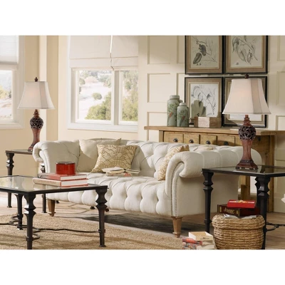 Regency Hill Exeter Traditional Table Lamps 30" Tall Set Of 2 Bronze Wood Carved Leaf Cream Rectangular Bell Shade For Bedroom Living Room Bedside - Image 7