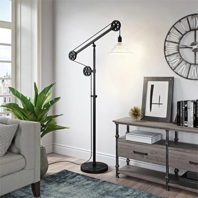 Metal And Glass Pulley Floor Lamp In Black - Henn&Hart - Image 3