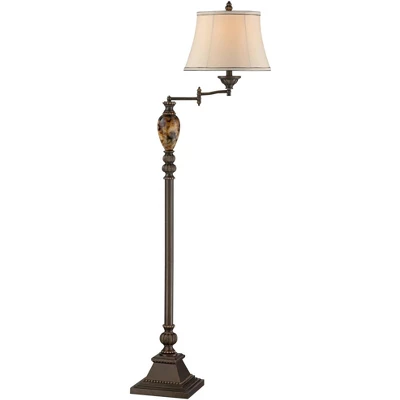 Kathy Ireland Vintage Swing Arm Floor Lamp 61" Tall Bronze Marble Font Faux Silk Shade For Living Room Reading House Bedroom Home - Image 5