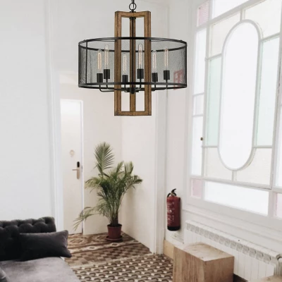 (28" X 28") 6 Light Wood And Metal Round Monza Chandelier With Mesh Shade Brown - Cal Lighting - Image 2